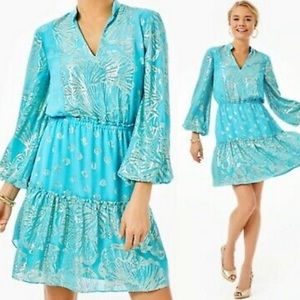 Lilly Pulitzer Joella Bermuda Blue and Gold Metallic Ruffle Dress
